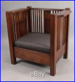 Antique Arts & Craft Prairie Style Cube Chair With Leather Upholstery (10854)
