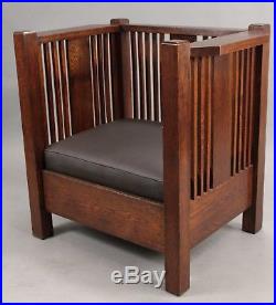Antique Arts & Craft Prairie Style Cube Chair With Leather Upholstery (10854)