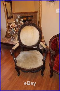 Antique Carved Birds Flower Ram Head 4 Pieces Victorian Parlor Suite Sofa Chair