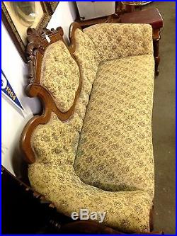 Antique Carved Couch Sofa with Caster Wheels, Vintage Floral Carved Wood Detail