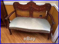 Antique Carved Inlaid Settee Sofa plus 3 Floral Throw Pillows