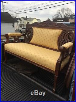 Antique Carved Walnut Upholstered Love Seat Settee Bench