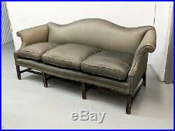 Antique Charcoal Gray Silk Chippendale Camel Back Sofa Down Feather Regency vtg