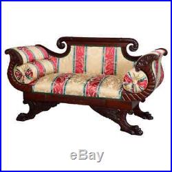 Antique Classical American Empire Carved Flame Mahogany Settee, circa 1830
