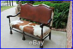 Antique Cowhide & Leather Sofa Couch Settee Mahogany Western Ranch Cabin Lodge