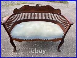 Antique Curved Settee Loveseat Bench Carved Ornate Spindles Clawfoot French TLC