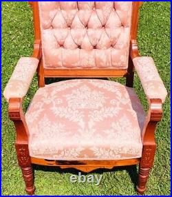 Antique EASTLAKE Victorian Sofa Settee & Chair Hand Carved Walnut Pinkish White