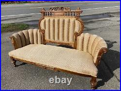 Antique Eastlake Settee Walnut Burls Carved Sofa Chaise Couch Tufted Curved A+++