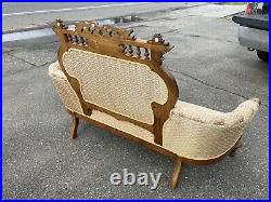 Antique Eastlake Settee Walnut Burls Carved Sofa Chaise Couch Tufted Curved A+++