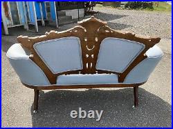 Antique Eastlake Victorian Parlor Settee Sofa Couch Carved Blue 1800s Ornate Old