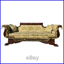Antique Empire Heavily Carved Flame Mahogany Settee Sofa with Lion Paw Feet