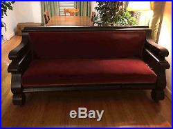 Antique Empire Sofa, Dark Wood with Burgundy Upholstery