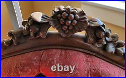 Antique English Sofa, Regency Carved Cherry, Burgundy Velvet, 1800's