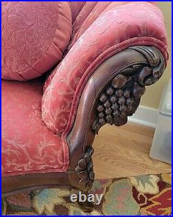Antique English Sofa, Regency Carved Cherry, Burgundy Velvet, 1800's