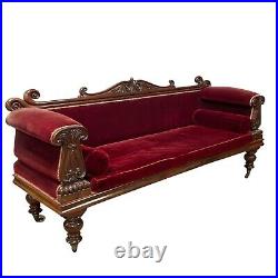 Antique English Sofa, Regency Carved Mahogany, Burgundy Velvet, 1800s