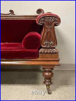 Antique English Sofa, Regency Carved Mahogany, Burgundy Velvet, 1800s