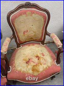Antique Faded Glory Real Louis XV Aubusson Tapestry Lounge Suite Couch 4 Chairs