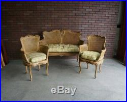 Antique French Carved Cane Settee and Chairs Rococo Bench Seat and Chairs Set