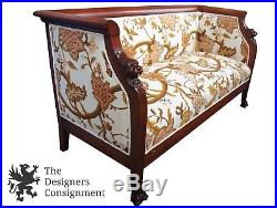 Antique French Empire Style Lion Carved Mahogany Settee Sofa Bench Krewel Seat