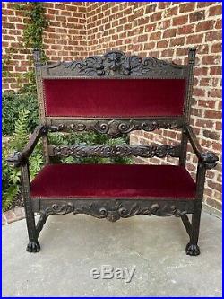 Antique French GOTHIC Revival Settee Hall Bench Sofa Chair RED Upholstery Oak
