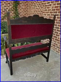 Antique French GOTHIC Revival Settee Hall Bench Sofa Chair RED Upholstery Oak