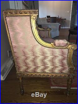 Antique French Hand Carved Square Back Settee Sofa With flame Stitch Upholstery