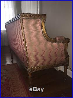 Antique French Hand Carved Square Back Settee Sofa With flame Stitch Upholstery