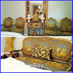 Antique French Louis Rococo Ornate Gold 5PC Sofa Settee Chair Mirror Table Set