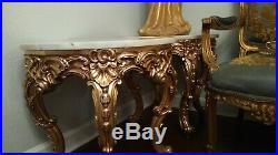 Antique French Louis Rococo Ornate Gold 5PC Sofa Settee Chair Mirror Table Set