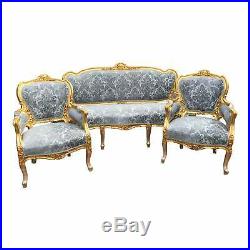 Antique French Louis XVI Damask Living Room Set/sofa with 2 chairs 3 Pieces