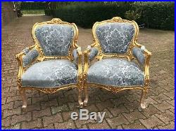 Antique French Louis XVI Damask Living Room Set/sofa with 2 chairs 3 Pieces