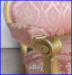 Antique French Louis XVI Giltwood Walnut Damask Sofa Arm Chairs Set