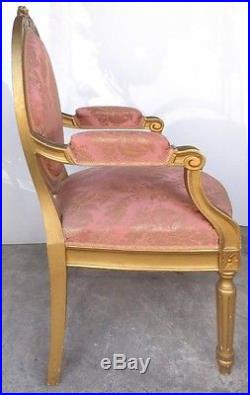 Antique French Louis XVI Giltwood Walnut Damask Sofa Arm Chairs Set