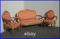 Antique French Louis XVI Ornate Rococo Red & Gold Settee w Two Side Chairs