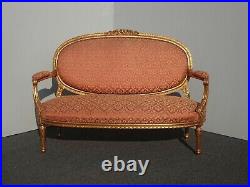 Antique French Louis XVI Ornate Rococo Red & Gold Settee w Two Side Chairs