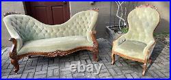 Antique French Louis XVI Rococo Carved Victorian Velvet Settee and Chair Set