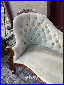 Antique French Louis XVI Rococo Carved Victorian Velvet Settee and Chair Set