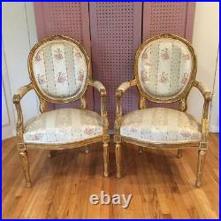 Antique French Louis XVI Style Giltwood Pair Fauteuils/ Arm Chairs