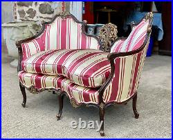 Antique French Louis XV Carved Walnut Striped Settee