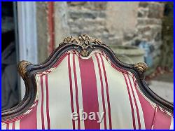 Antique French Louis XV Carved Walnut Striped Settee