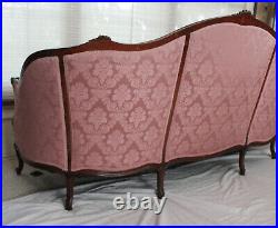 Antique French Louis XV Dark Carved Wood Rose Pink Color Canape Sofa / Settee