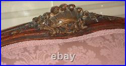 Antique French Louis XV Dark Carved Wood Rose Pink Color Canape Sofa / Settee