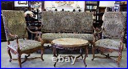 Antique French Louis XV Fauteuil Suite Sofa 2 Arm Chairs Original Tapestry 1860