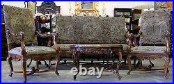 Antique French Louis XV Fauteuil Suite Sofa 2 Arm Chairs Original Tapestry 1860