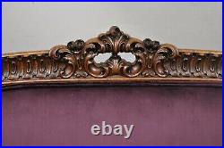 Antique French Louis XV Rococo Victorian Carved Mahogany Purple Loveseat Settee