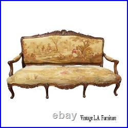 Antique French Louis XV Rococo Walnut Gold Tapestry Settee Canape Country Scene