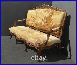 Antique French Louis XV Rococo Walnut Gold Tapestry Settee Canape Country`Scene