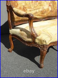 Antique French Louis XV Rococo Walnut Gold Tapestry Settee Canape Country`Scene