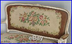 Antique French Louis XV Style Painted Gilt Carved Tapestry Couch Sofa Settee