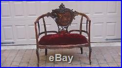 Antique French Louis XV Walnut Carved, Burgundy Velvet&inlaid Mop Back, Settee